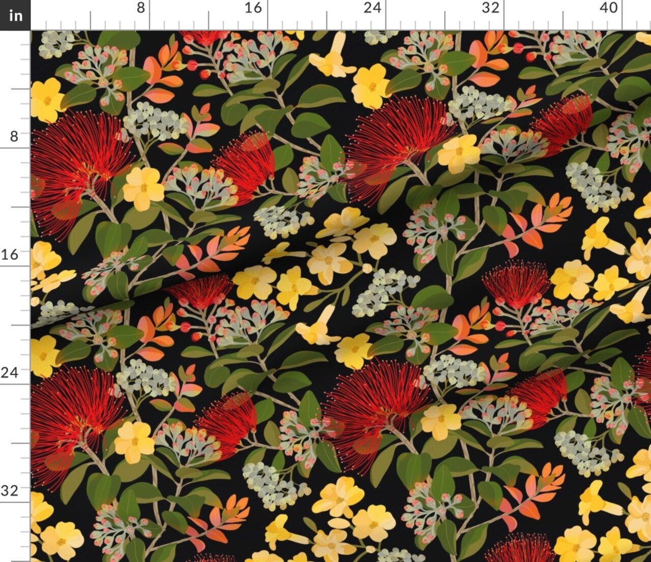 Black Floral Botanical Jungle Tropical Hawaiian Mimosa Tree Flowers Foliage Large Scale Custom Printed Fabric by Spoonflower Various Fabrics by the Yard or Fat Quarter